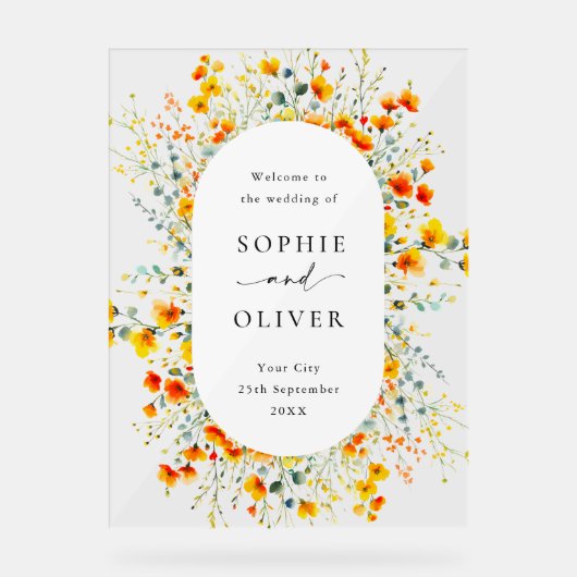 Elegante Waterverf Wild Flowers WELKOM Bruiloft Acryl Bord (Voorkant)