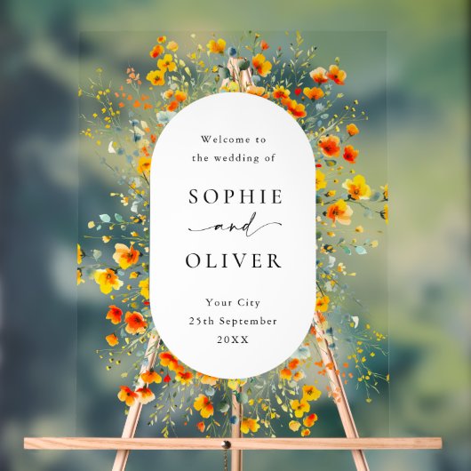 Elegante Waterverf Wild Flowers WELKOM Bruiloft Acryl Bord (Neutraal)