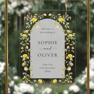 Elegante Waterverf Wild Flowers WELKOM Bruiloft Acryl Bord