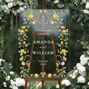 Elegante Waterverf Wild Flowers WELKOM Bruiloft Acryl Bord