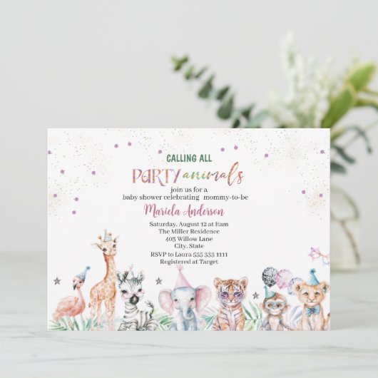 Elegante Waterverf Wild Safari Dieren Baby shower Kaart (Staand voorkant)