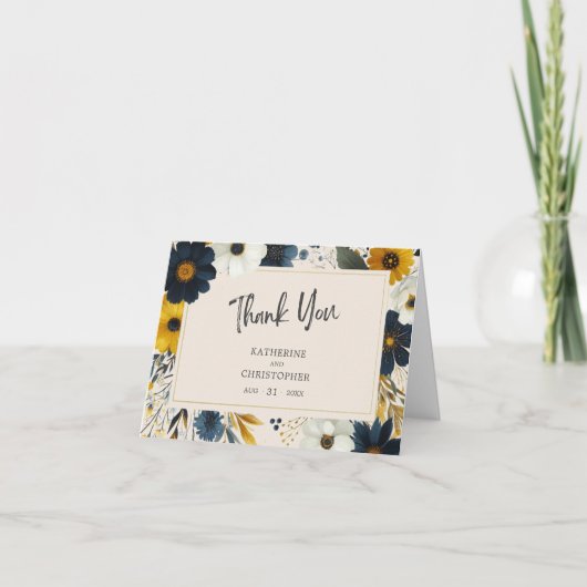 Elegante Waterverf Wildbloemen Beige bruiloft foto Bedankkaart (Voorkant)