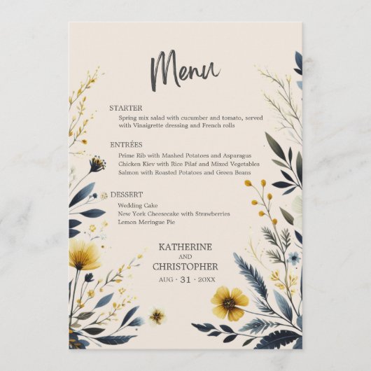 Elegante Waterverf Wildbloemen Beige Bruiloft Menu (Voorkant)