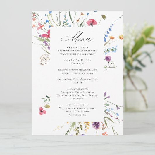 Elegante Waterverf Wildbloemen Bruiloft Diner Menu (Staand voorkant)
