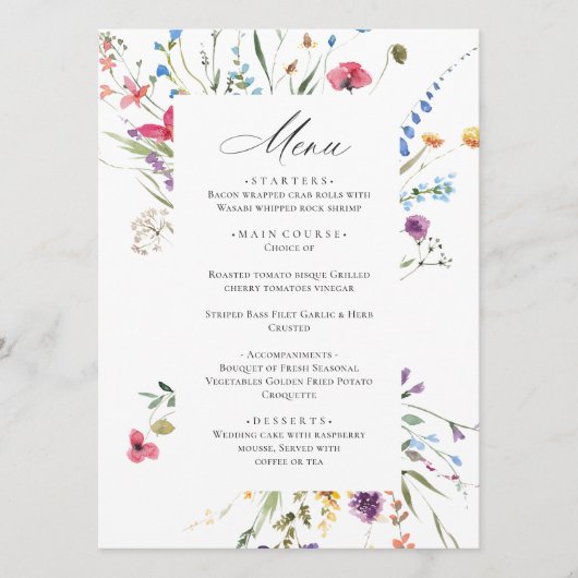 Elegante Waterverf Wildbloemen Bruiloft Diner Menu (Voorkant)