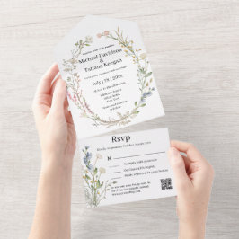 Elegante waterverf Wildbloemen QR code bruiloft All In One Uitnodiging