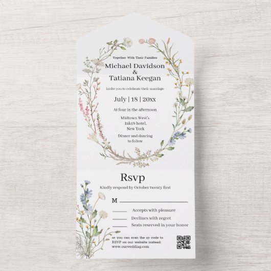 Elegante waterverf Wildbloemen QR code bruiloft All In One Uitnodiging (Binnen)