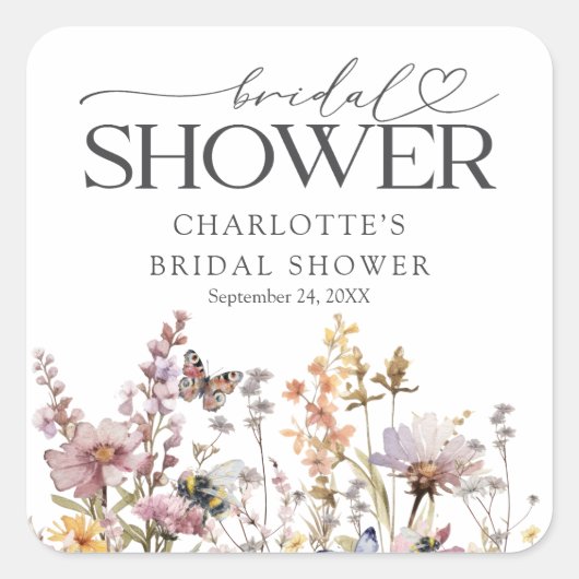 Elegante Waterverf Wilde Bloem Bruidsdouche Favor Vierkante Sticker (Voorkant)