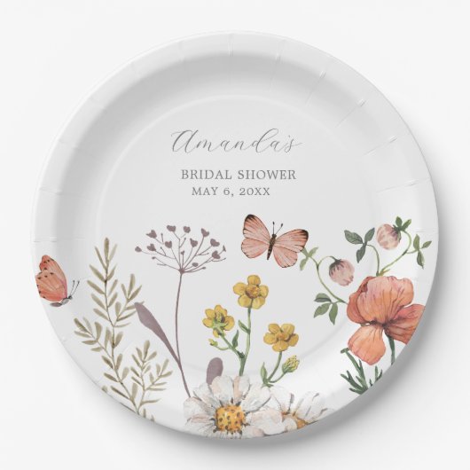 Elegante Waterverf Wilde Bloem Bruidsshower Papieren Bordje (Voorkant)