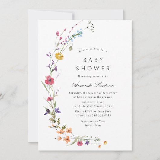 Elegante Waterverf Wilde Bloemen Baby Shower Kaart (Voorkant)