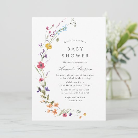Elegante Waterverf Wilde Bloemen Baby Shower Kaart (Staand voorkant)