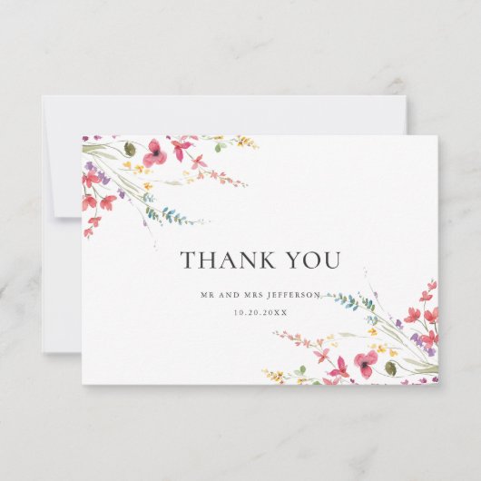 Elegante waterverf wilde bloemen bloem bruiloft bedankkaart (Voorkant)