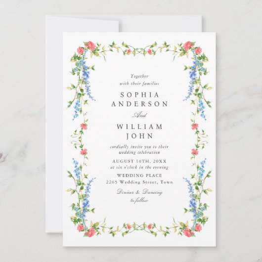 Elegante waterverf wilde bloemen bloem bruiloft kaart (Voorkant)