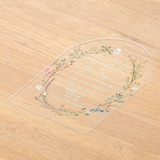 Elegante waterverf wilde bloemen bloemenbruidsboog acryl uitnodigingen (Laagn)