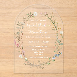 Elegante waterverf wilde bloemen bloemenbruidsboog acryl uitnodigingen