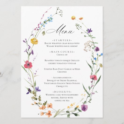 Elegante waterverf wilde bloemen Boho bruiloftsdin Menu (Voorkant)