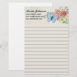Elegante waterverf wilde bloemen en blauwe vlinder briefpapier