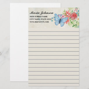 Elegante Waterverf Wilde Bloemen en Blauwe Vlinder Briefpapier