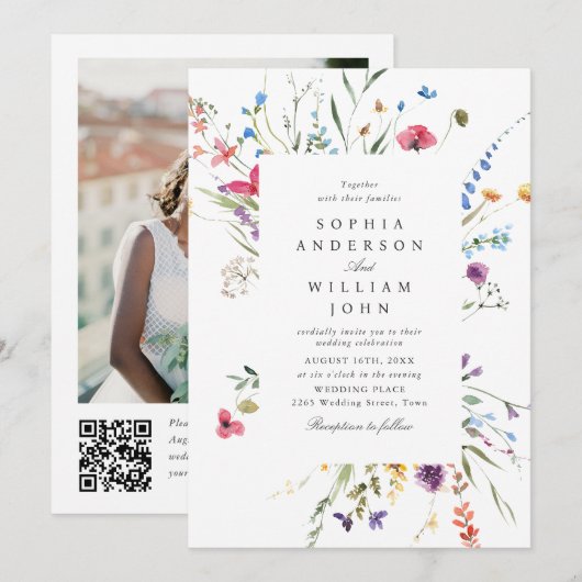 Elegante Waterverf Wilde Bloemen Huwelijk QR-code Kaart (Voorkant / Achterkant)