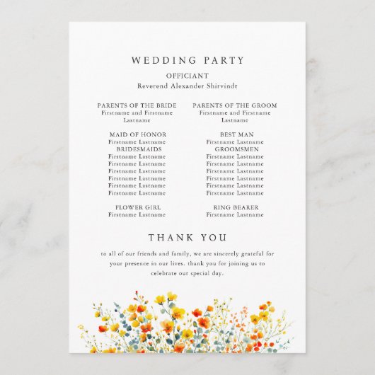 Elegante waterverf wilde bloemen huwelijksceremoni programmakaart (Achterkant)