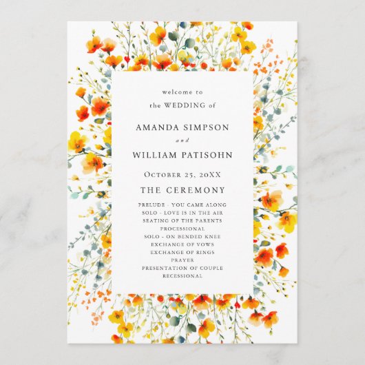 Elegante waterverf wilde bloemen huwelijksceremoni programmakaart (Voorkant)