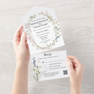 elegante waterverf wilde bloemen qr code bruiloft all in one uitnodiging