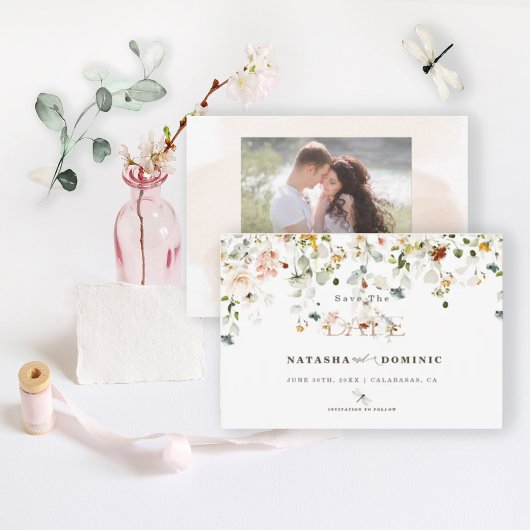 Elegante waterverf wilde bloementuin foto save the date