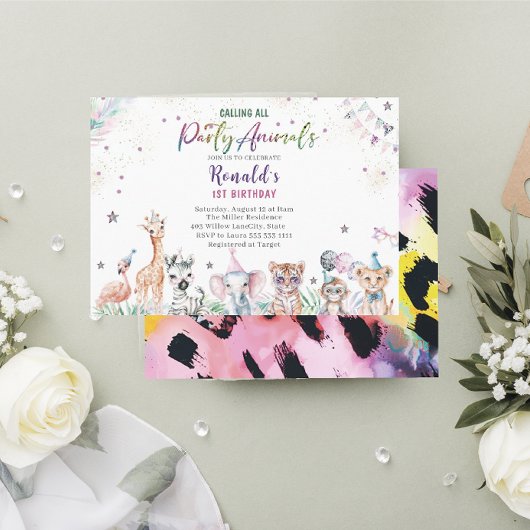 Elegante Waterverf wilde kind safari dieren 1st B Kaart