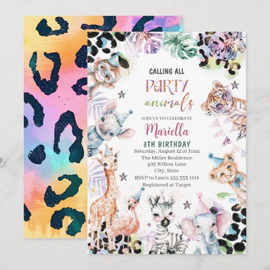 Elegante Waterverf wilde kind safari dieren 3e B Kaart (Voorkant / Achterkant)