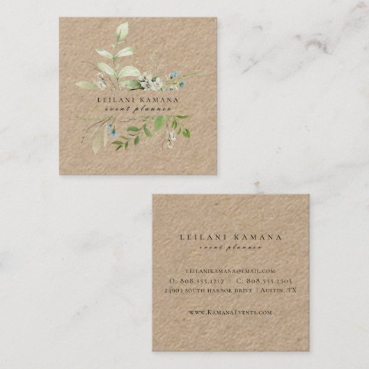 Elegante Waterverf Wildflower Botanical Kraft Vierkante Visitekaartje (Voorkant / Achterkant)