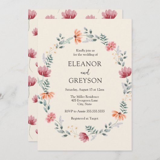 Elegante waterverf wildflower bruiloft kaart (Voorkant / Achterkant)