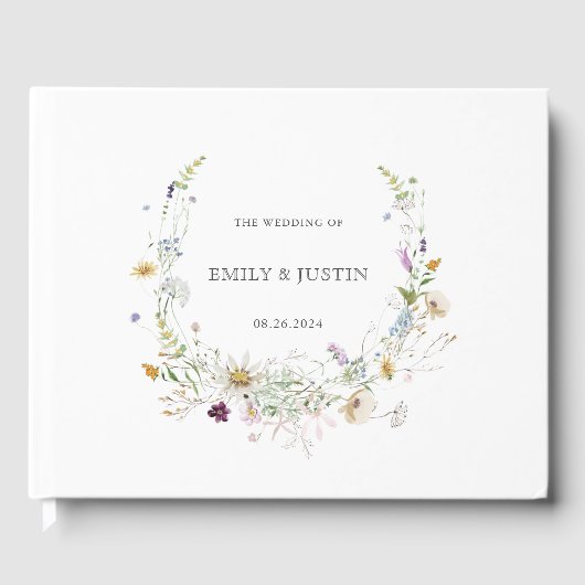Elegante Waterverf Wildflower Krans Wit Bruiloft Gastenboek (Voorkant)