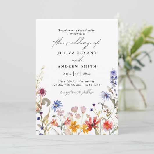 Elegante waterverf wildflower script bruiloft kaart (Staand voorkant)