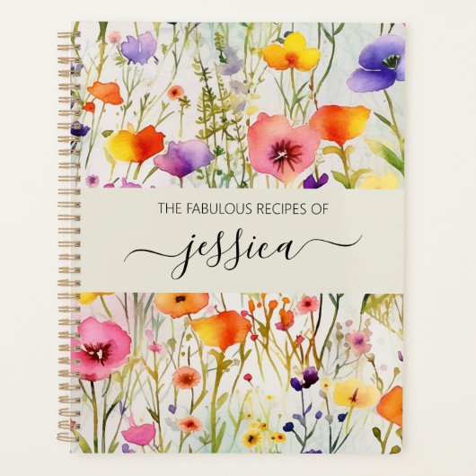 Elegante waterverf wildflower scriptnaam Recept Planner (Voorkant)