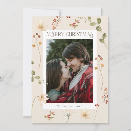 Elegante Waterverf Wildflower Vrolijk kerstfeest Feestdagenkaart (Voorkant)