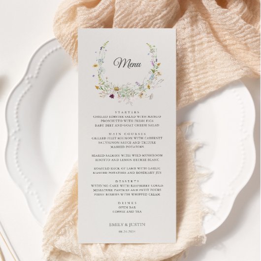 Elegante Waterverf Wildflower Wreath Beige Bruilof Menu