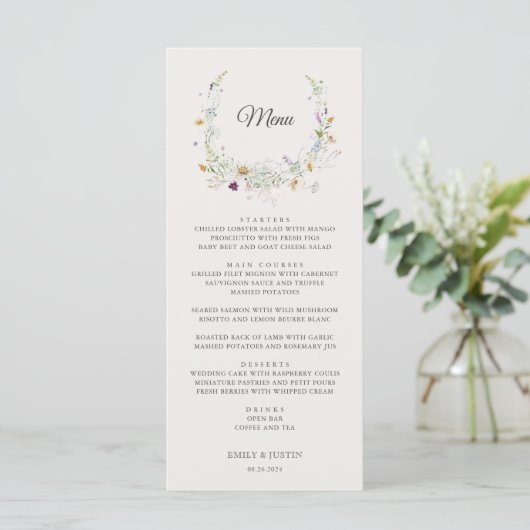 Elegante Waterverf Wildflower Wreath Beige Bruilof Menu (Staand voorkant)
