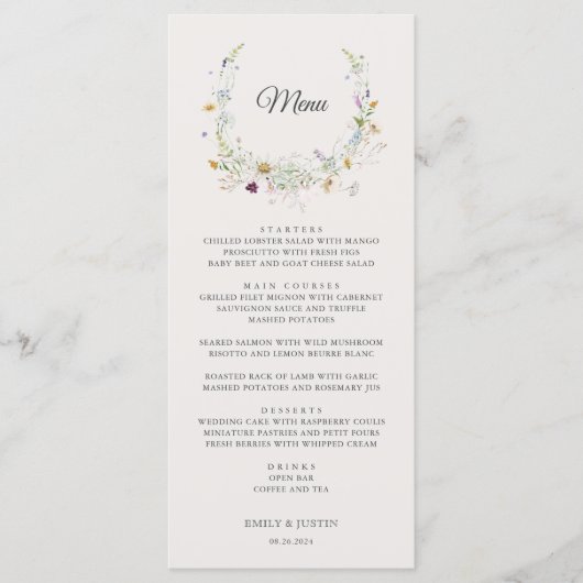 Elegante Waterverf Wildflower Wreath Beige Bruilof Menu (Voorkant)