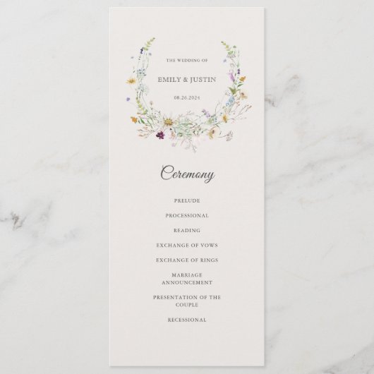 Elegante Waterverf Wildflower Wreath Beige Bruilof Programmakaart (Voorkant)
