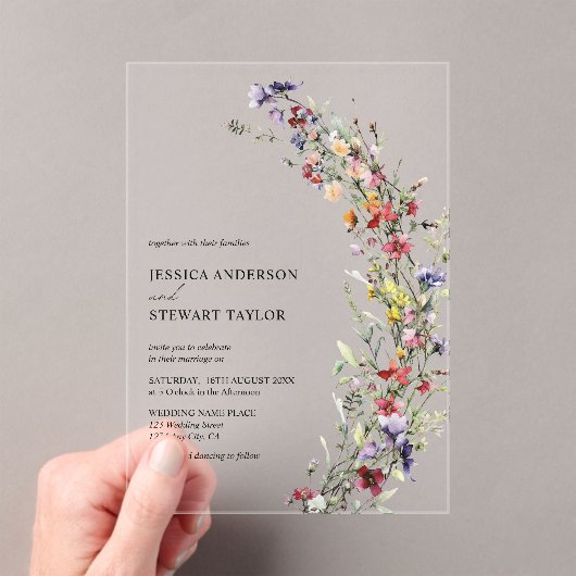 Elegante Waterverf Wildflowers Fotobruiloft Acryl Uitnodigingen (Insitu (Draagbaar))