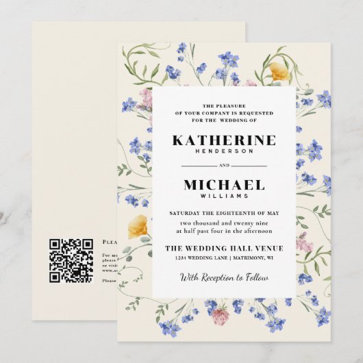 Elegante Waterverf Wildflowers Meadow RSVP Wedding Kaart (Voorkant / Achterkant)