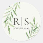 Elegante Waterverf Wilgen Bruiloft Monogram Ronde Sticker (Voorkant)