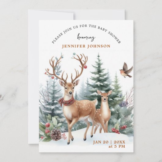 Elegante waterverf winter bos babyshower kaart (Voorkant)