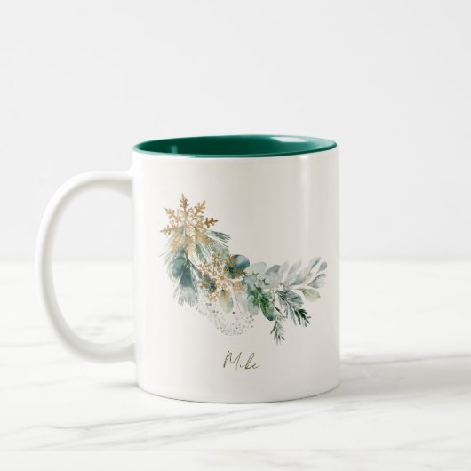 Elegante Waterverf Winter Green Foliage Christmas Tweekleurige Koffiemok (Links)