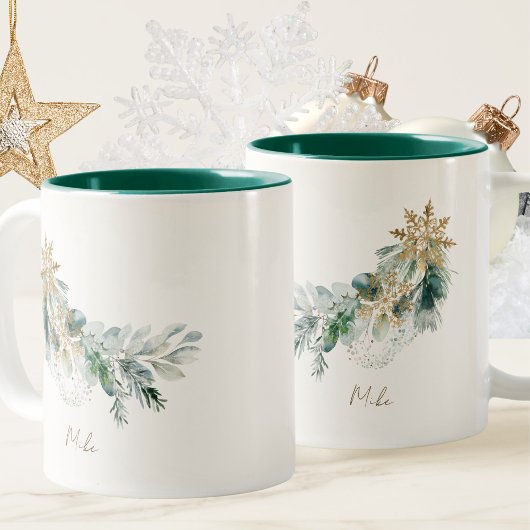 Elegante Waterverf Winter Green Foliage Christmas Tweekleurige Koffiemok