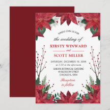 Elegante Waterverf Winter Rode Poinsettia Bruiloft