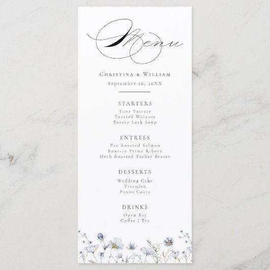 Elegante Waterverf Winter Wildbloemen Bruiloft Menu (Voorkant)