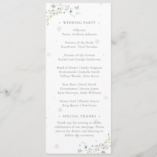 Elegante Waterverf Winter Wildbloemen Bruiloft Programmakaart (Achterkant)