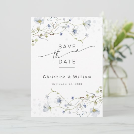 Elegante Waterverf Winter Wildbloemen Bruiloft Save The Date (Staand voorkant)