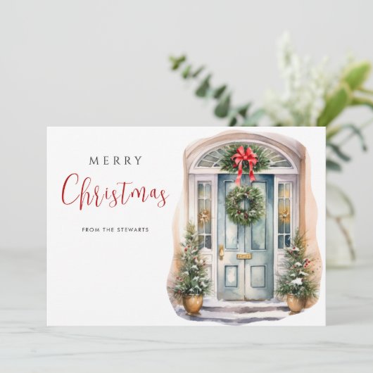 Elegante Waterverf winterdeur kerstvakantie Kaart (Staand voorkant)